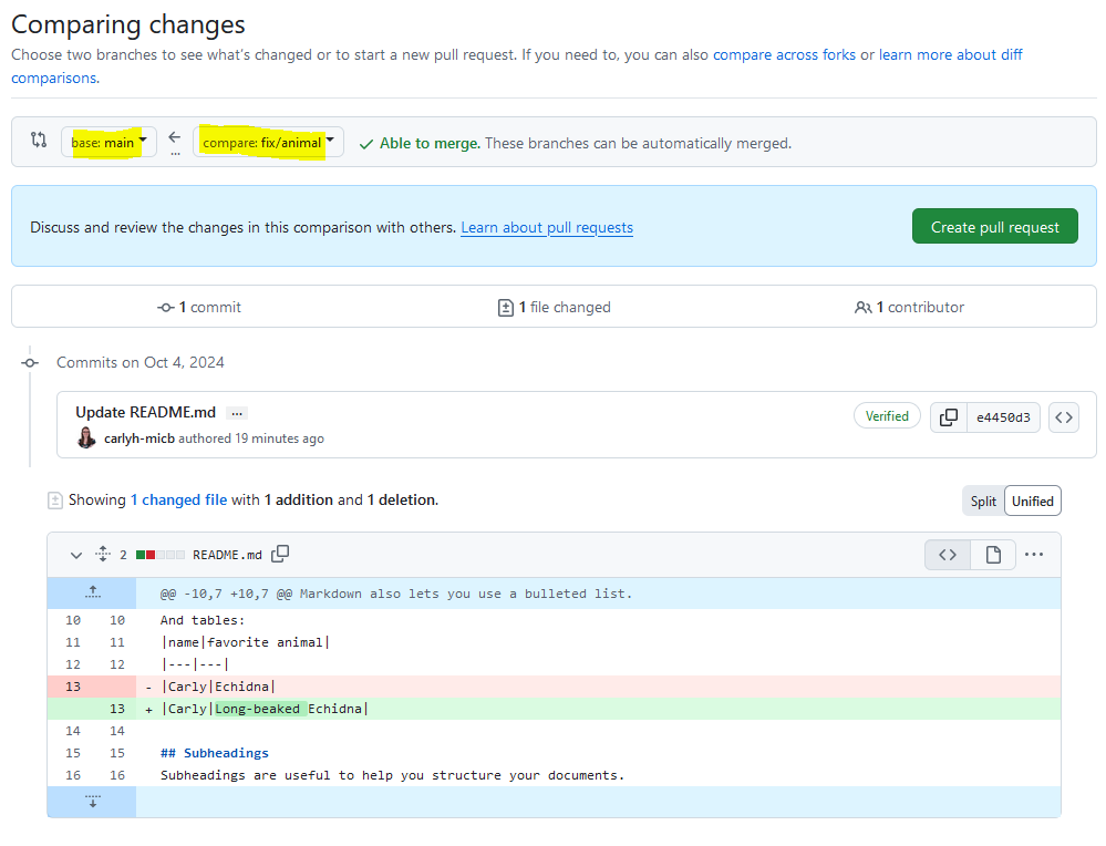 compare changes before starting the PR