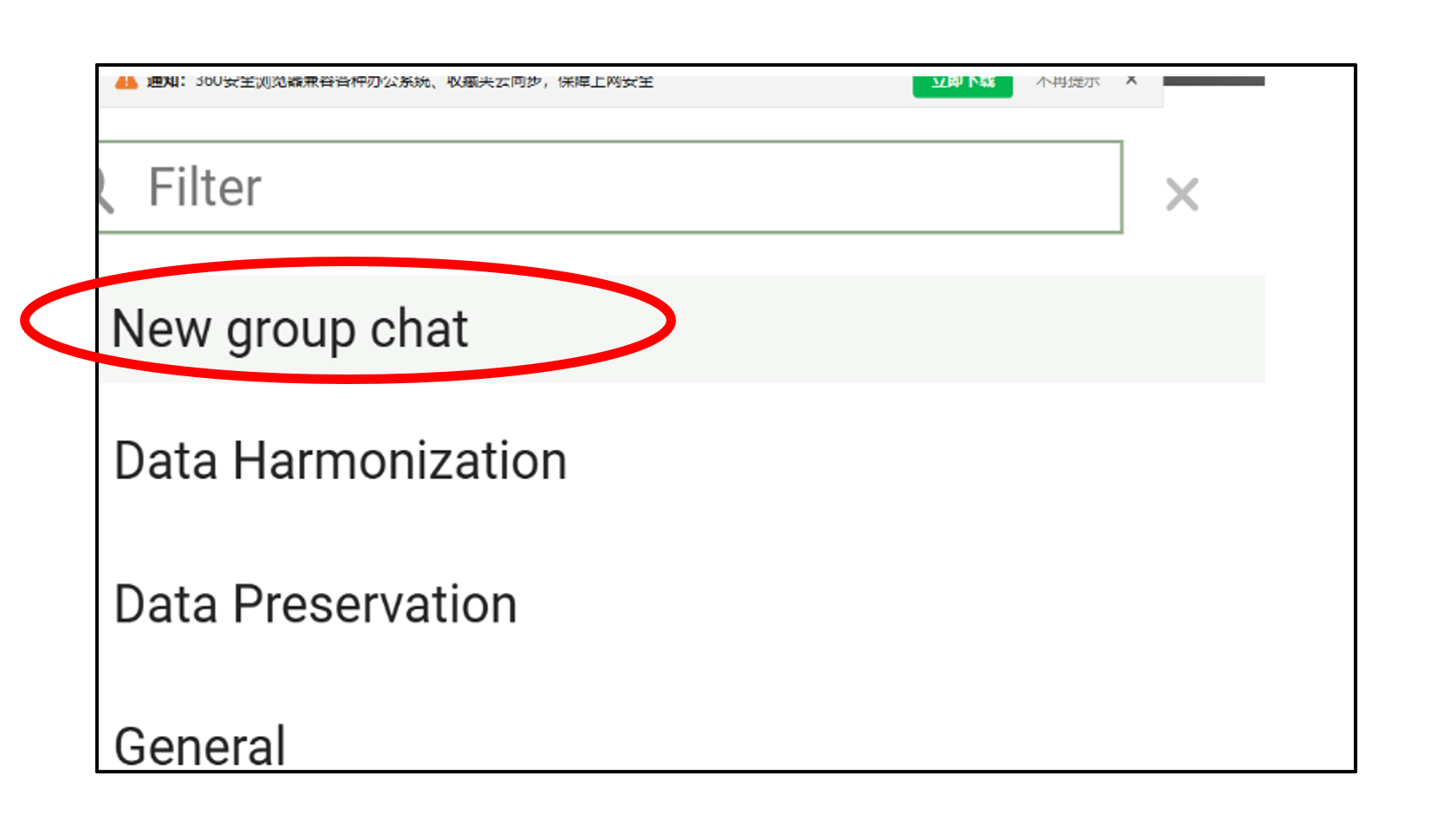 capture d'écran nouveau chat de groupe